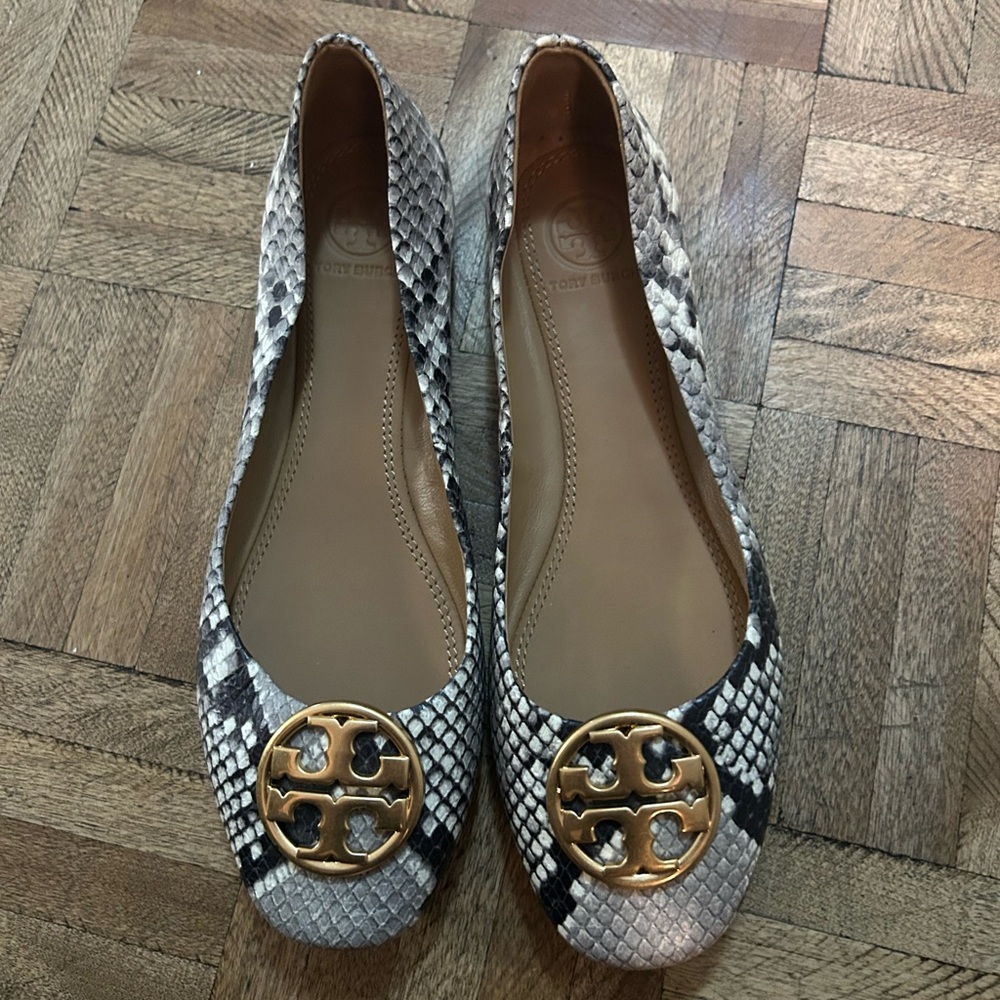 Tory Burch Snake Print Flats with Gold Emblem